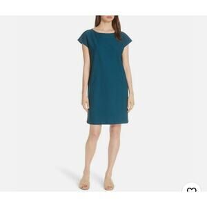Eileen Fisher Small Teal Blue Viscose Side Zip Shift Dress minimalist sz S